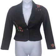 MixIt Wool Herringbone Embroidered Woodland Brown Cropped Single Button Blazer