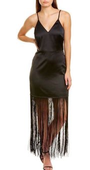 Black Satin Fringe Midi Dress, S