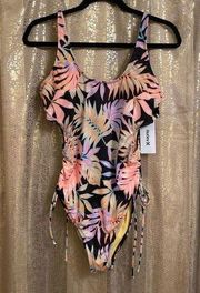 Hurley black pink colorful floral ruched side tie one piece swimsuit L NWT