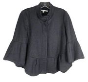 Diane von Furstenberg Sz 2 Jacket Black Pea Coat Lined Bell Sleeves Peplum 769