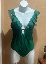 Cocoship green ruffled one piece swimsuit