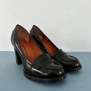 High Heel Black Leather Penny Loafers