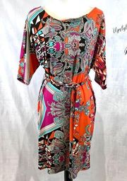 Vibrant colors boho abstract print belted dress size medium