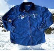 Basic Editions Plus Snowman Denim Shirt 18W Blue Embroidered  Vintage Ch…