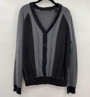 Sean John Cable Knit Cardigan Sweater Quilted Cotton Black Gray Mens Medium