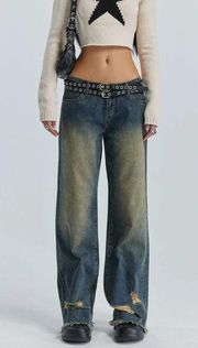 The Kript Blue Faded Denim Distressed Wide Leg Baggy Crassy Jeans Women's Small