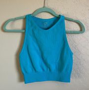 NUX Blue Ribbed High Neck Blue Crop Top