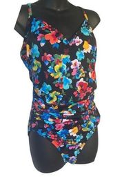 Aqua Green Swimwear New One Piece VNeck Tummy Ruching Colorful Floral Size Large