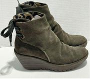 Fly London Yama Ankle Boots Lace Back Suede Leather Booties Fatigue Green 36