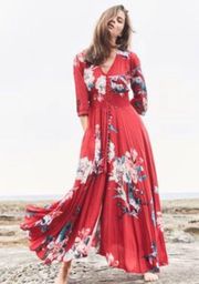 Jaase Red Floral Maxi Dress XS Indiana Carmen White V Neck Passion Long Sleeve