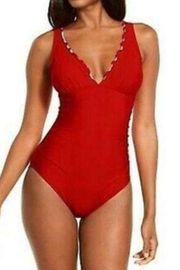 Dkny Women's Ruffle Solid Shirred Tummy Control One-Piece Swimsuit Red 18 NWT