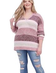 Torrid Pullover Slouchy V-Neck Tunic Sweater Chunky pink ombre Stripe M/10/00