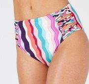 Bar III Women's Multi Color Waves Strappy High-Waist Bikini Swim Bottoms sz S