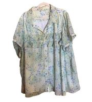 Eshakti Wayward Fancies Womens Plus Size 5X 32W Multicolor Floral Button Up Top