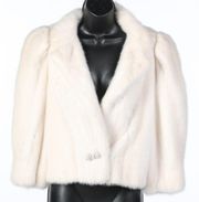 Mary McFadden Cream Genuine Fur Coat w Rhinestone Embellished Single Hook Clasp
