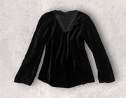 Black Velvet Long Sleeve V-neck Crochet Lace Trim Top Size Small