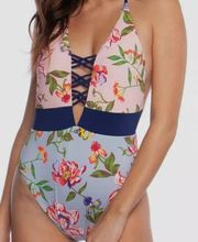 New Bikini Lab Women's plunge halter one piece swimwear pink/blue/floral XL