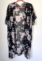 Band Of Gypsies Black Pink Floral Sheer Kimono Open Front Cover Up ~ Size XS