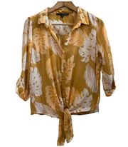 Harve Benard Mustard Tropical Floral Print Button Tie Waist Crop Blouse Medium