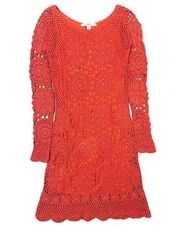 Boston Proper Coral Crochet Lace Illusion-Sleeve Dress Boho Small