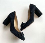 Ann Taylor Black Suede Block Heel Pumps Leather Bow-front Womens Size 9M Work