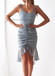 Two sisters the label blue dotted hints of silver metallic chiffon ruched dress