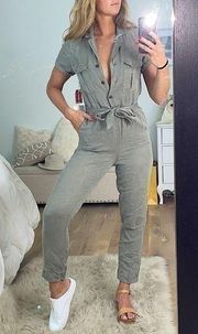 C&C California Linen Lyocell Utility Cargo Jumpsuit Olive Green