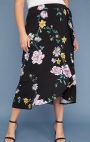 NWT Black Floral Print Faux Wrap Midi Skirt