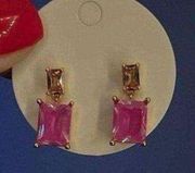 Boutique Gold plated Pink CZ rectangle square post drop earrings new