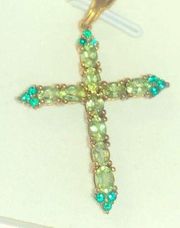 Hebei Peridot oval & simulated emerald cross in 18k Yellow Gold over Brass.