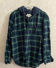 American Eagle women's large long sleeve hooded blue / green plaid top