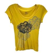 Fossil Womens Embroidered Shirt Short Sleeve Scoopneck 100% Cotton Yellow Small