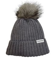 CK Calvin Klein Grey Rib Knit Winter Beanie Faux Fur Pom Pom Hat