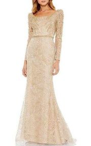 Mac Duggal Womens Maxi Dress Gold Leaf Appliqued Evening Gown Light Gold Size 16