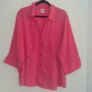 Blair Pink 1/2 Sleeve Collared V Neck Button Down Blouse Semi Sheer