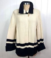 Ralph Lauren Black Ivory Striped Wool Knit Sweater Cardigan SZ XL