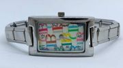 Ladies Quartz analog watch  21mm case colorful dial silver tone 6.5” runs