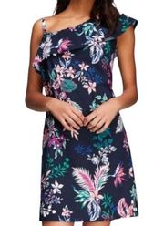 Joe Fresh Navy Blue Tropical Floral Print Ruffled Shoulder Cotton Dress Small