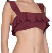 Eberjey Jane Solid Port Ruffle Sleeve Bikini Top Swimsuit Burgundy Red Large