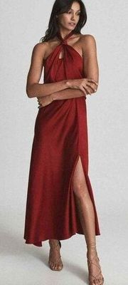 Reiss Lorena Halter Satin Sheath Midi Dress Red Womens 6