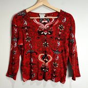 Pierre Cardin Womens Red Printed Y2K Paisley Print Sequin Blouse Size L Rib Knit