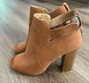 Bamboo Boots Womens 7 Ankle Booties Brown Suede Peep Toe buckle Block Heels