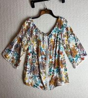 St. Johns Bay Floral White Orange Blue Off Shoulder Shirt Size Medium