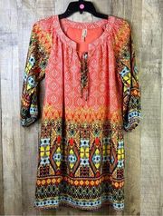 Hello Miss Small Multicolored Tribal Loose fit Lined Dress with 3/4 Slee…