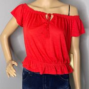 NWT  Cropped Short Sleeve Shirt Tie Front Tassel Bright Red Medium