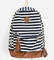 MUDD Navy Blue & Cream Striped Canvas Faux Leather Backpack Tassels