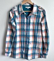 MATIX | Teal Pink Orange Yellow Plaid Flannel Button Up Collared Shirt | Size La