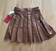 Brown Vegan Leather Pleated Skirt