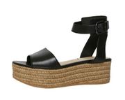 Nemy Black Leather Ankle Strap Platform Espadrilles Sandals, 9