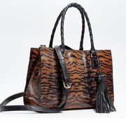 Patricia Nash Primrose Satchel Leather Adjustable Strap Tassel Fox Tiger Brown